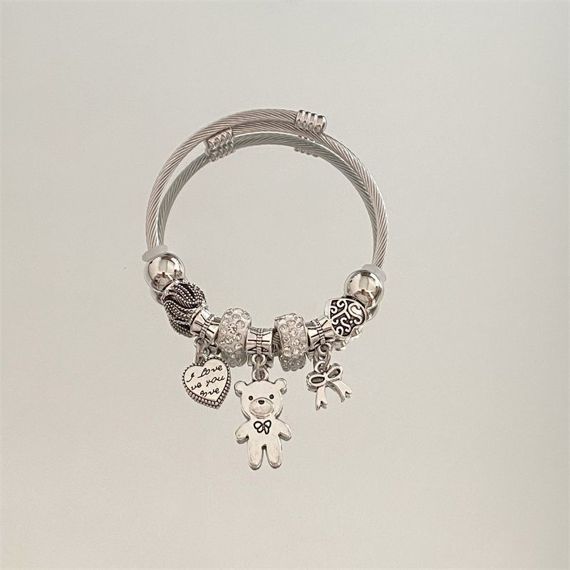 潘多拉不锈钢水钻桃心小熊diy串珠手镯女百搭气质小众时尚ins手饰详情图5