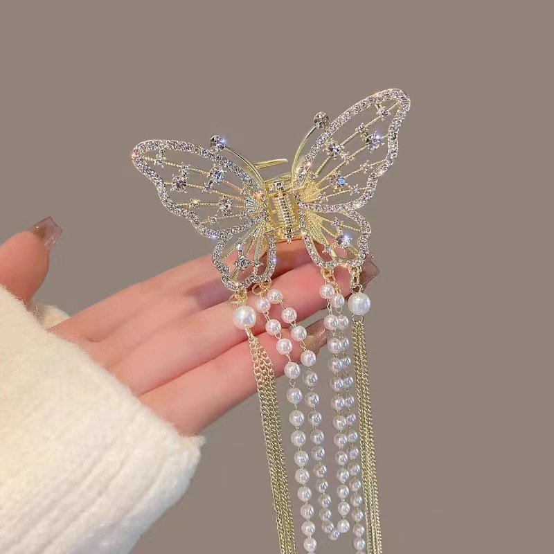 Super fairy butterfly tassel grab clip, hollowed-out pearl water diamond hair grab at the back of the head, shark clip, elegant headwear, wholesale hair accessories, headwear
