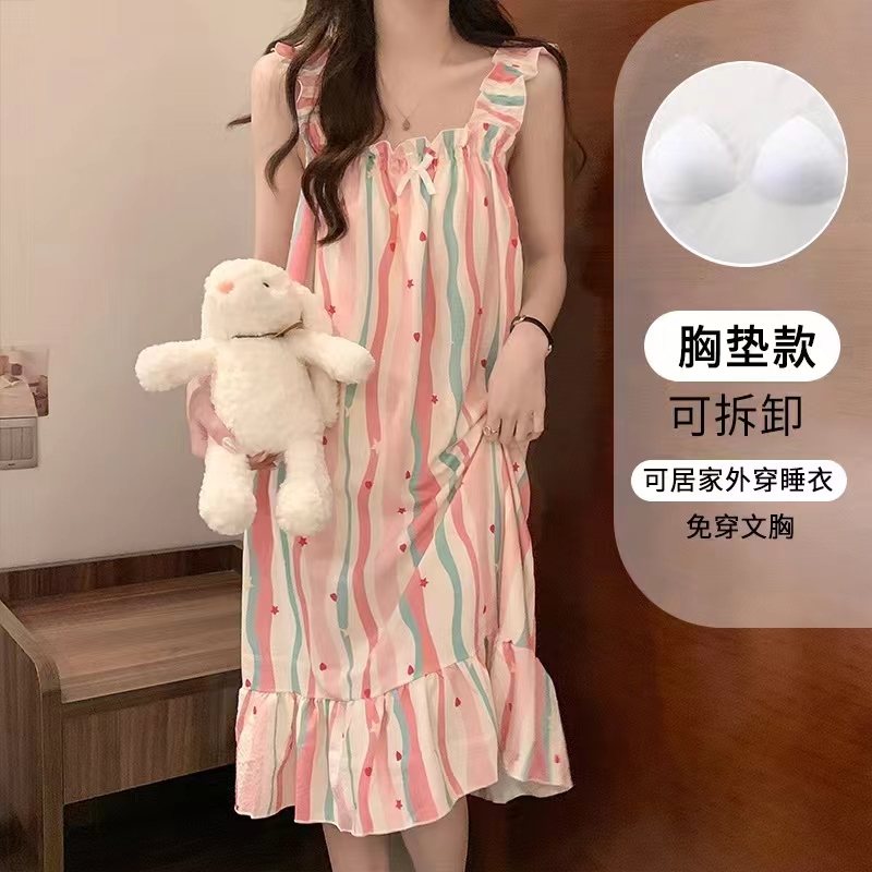 【三月新款】泡泡棉吊带裙带胸垫睡裙夏季超薄透气睡裙甜美可爱家居服女装热卖薄款家居服批发外贸跨境