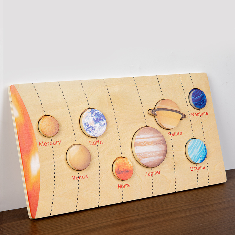 Wooden eight planets seven continents matching cognitive jigsaw Solar system planets moon phase changes early education science enlightenment toy Specification drawing