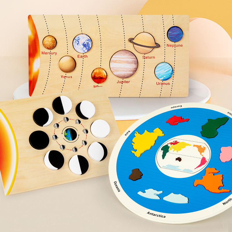 Wooden eight planets seven continents matching cognitive jigsaw Solar system planets moon phase changes early education science enlightenment toy seven continents jigsaw full figure