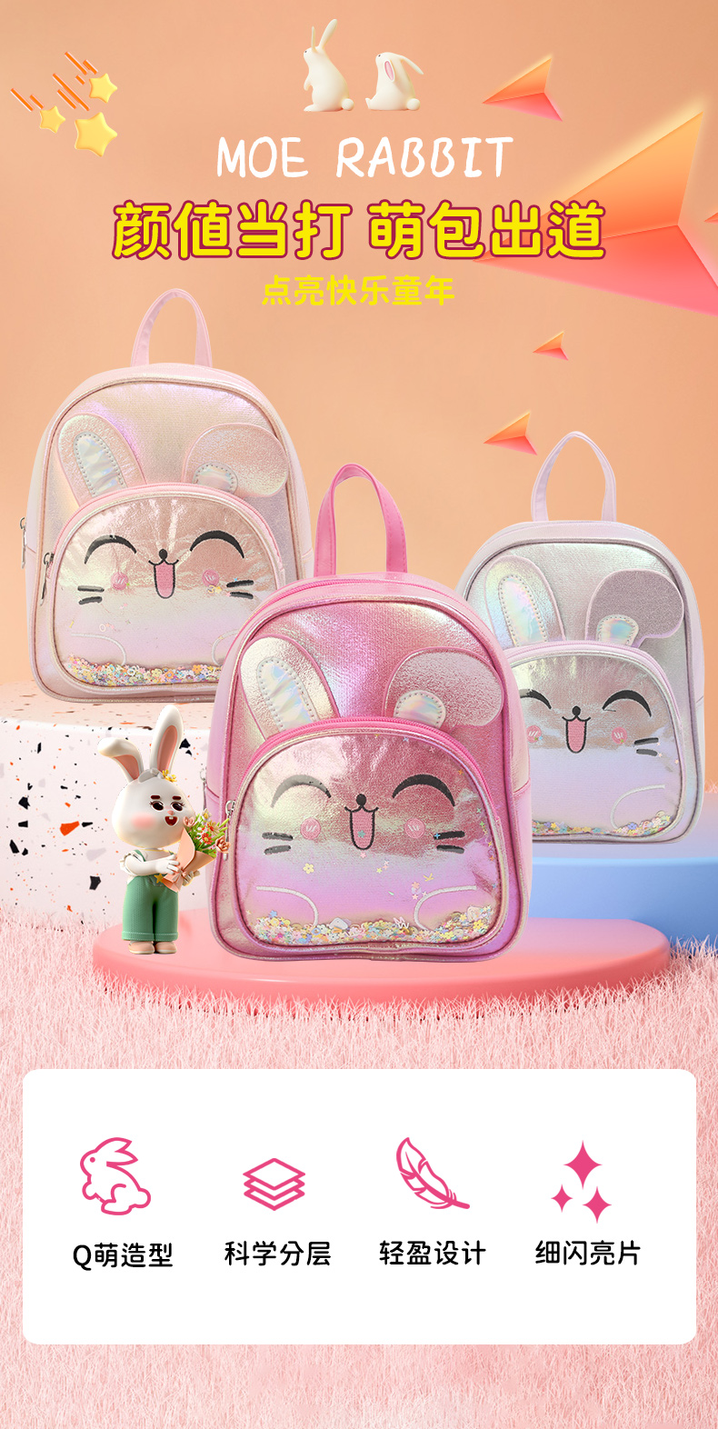 大尾貓兔子亮片雙肩潮流書包時(shí)尚休閑可愛萌趣幼兒園公主女童包女寶寶迷你雙肩包詳情2