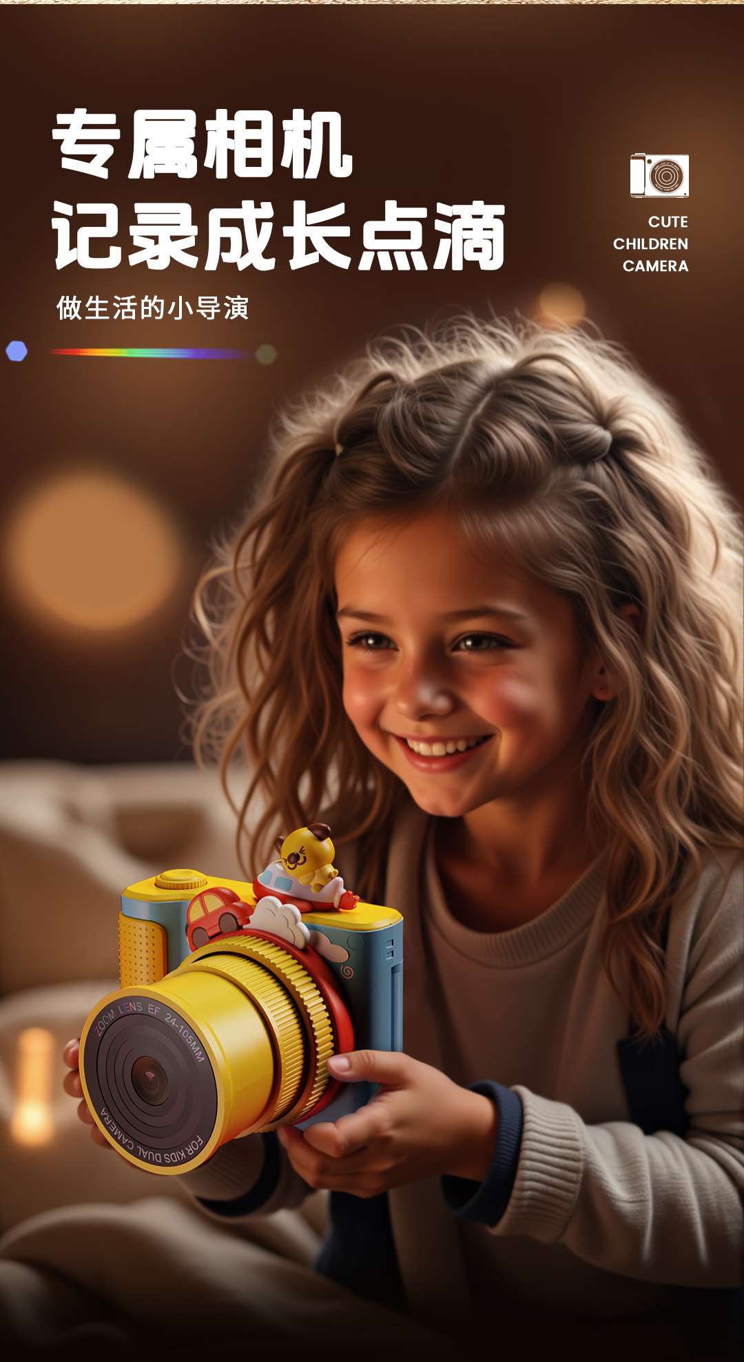 The children's camera can rotate, zoom, flip the screen, take high-definition selfies, and features cute cartoon toys like pandas and unicorns detail image 2