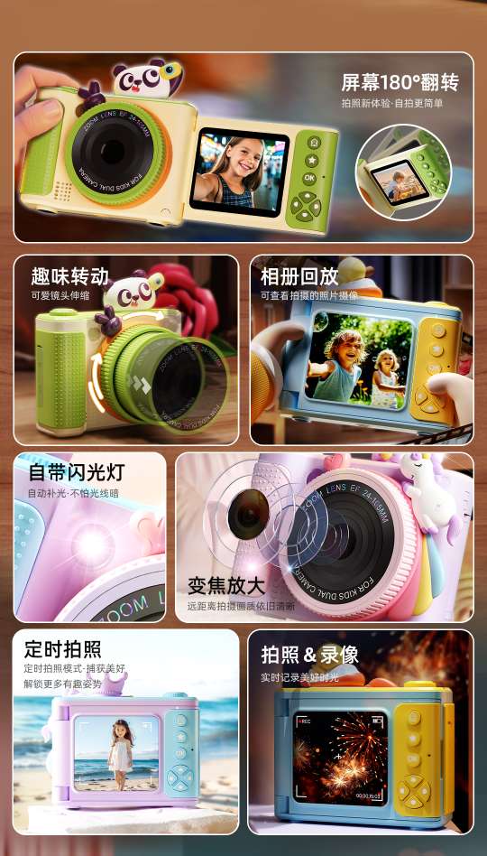 The children's camera can rotate, zoom, flip the screen, take high-definition selfies, and features cute cartoon toys like pandas and unicorns Application Scenario