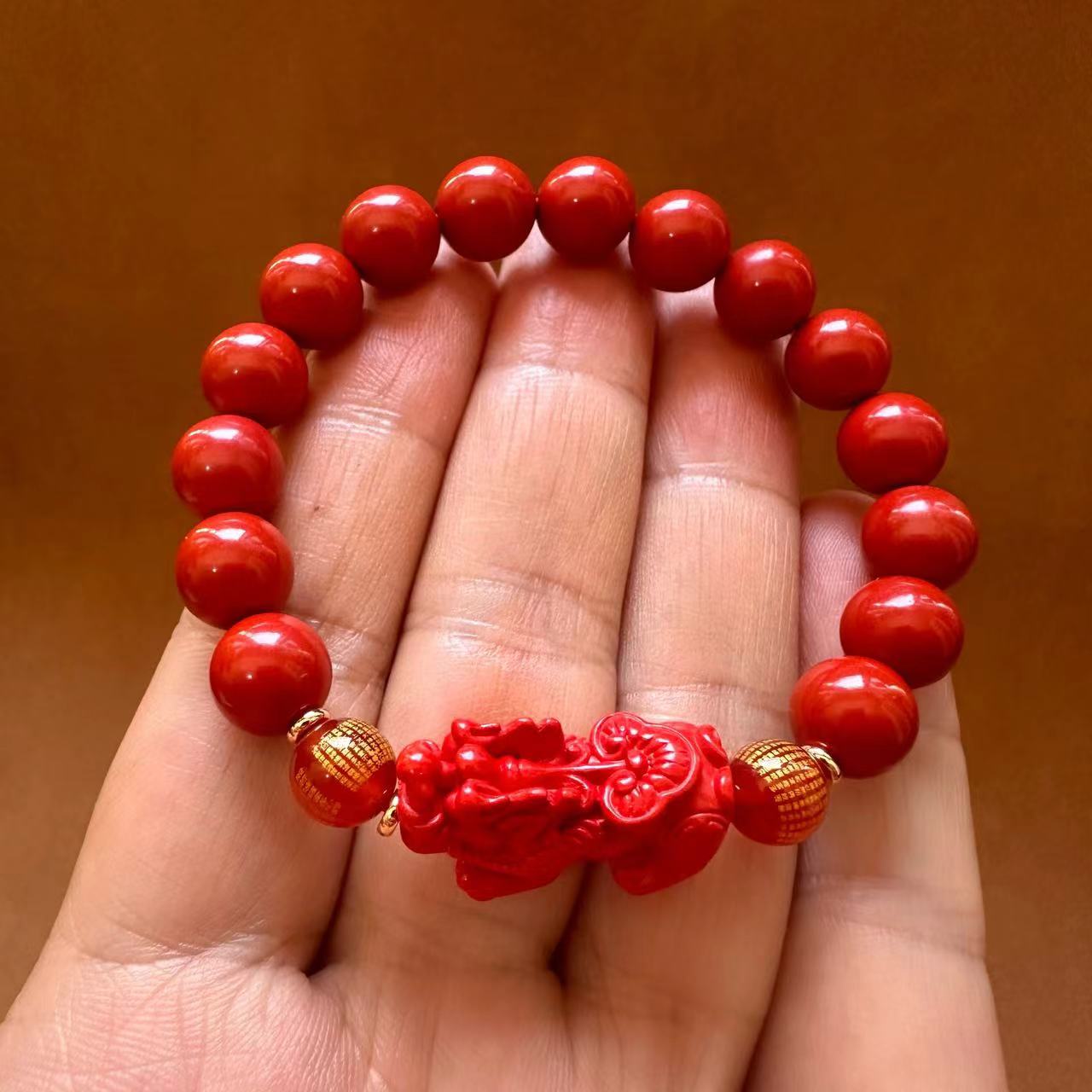 Fude Xuan cinnabar Bracelet wholesale, cinnabar Buddhist prayer beads bracelet for men and women, temple connection items, 10mm red cinnabar round bead carved PI Xiu bracelet, single-loop bracelet, live-streaming bestseller, in stock, night market, street stall, scenic area pic 1