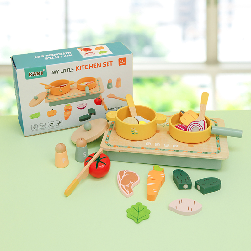 Wooden simulation of every home mini kitchen cooktop pot cutting set portable kitchen Cooking stove toy small Daisy flat kitchen details Picture
