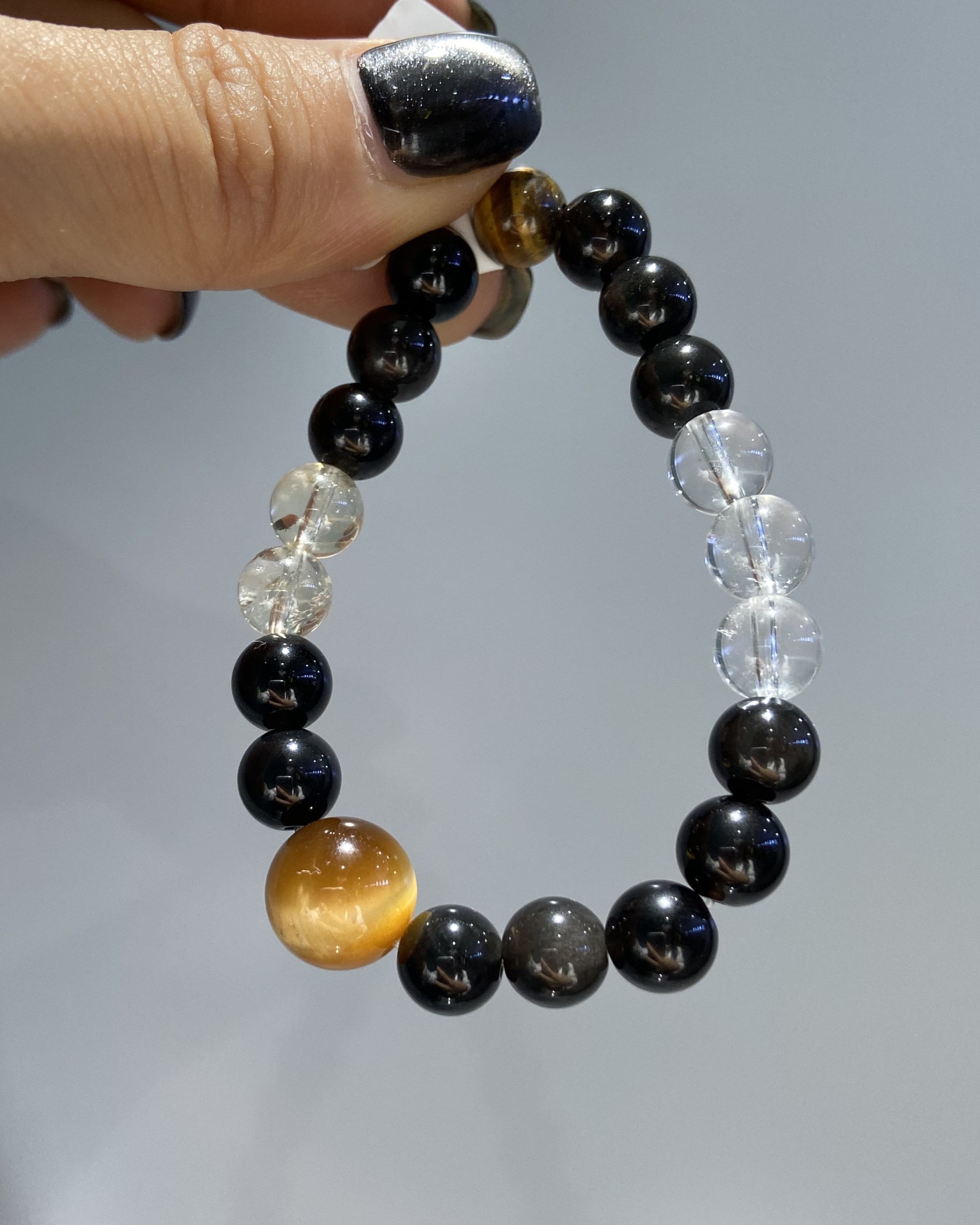 天然水晶金虎眼石黑曜石银曜石黄水晶白水晶手链
