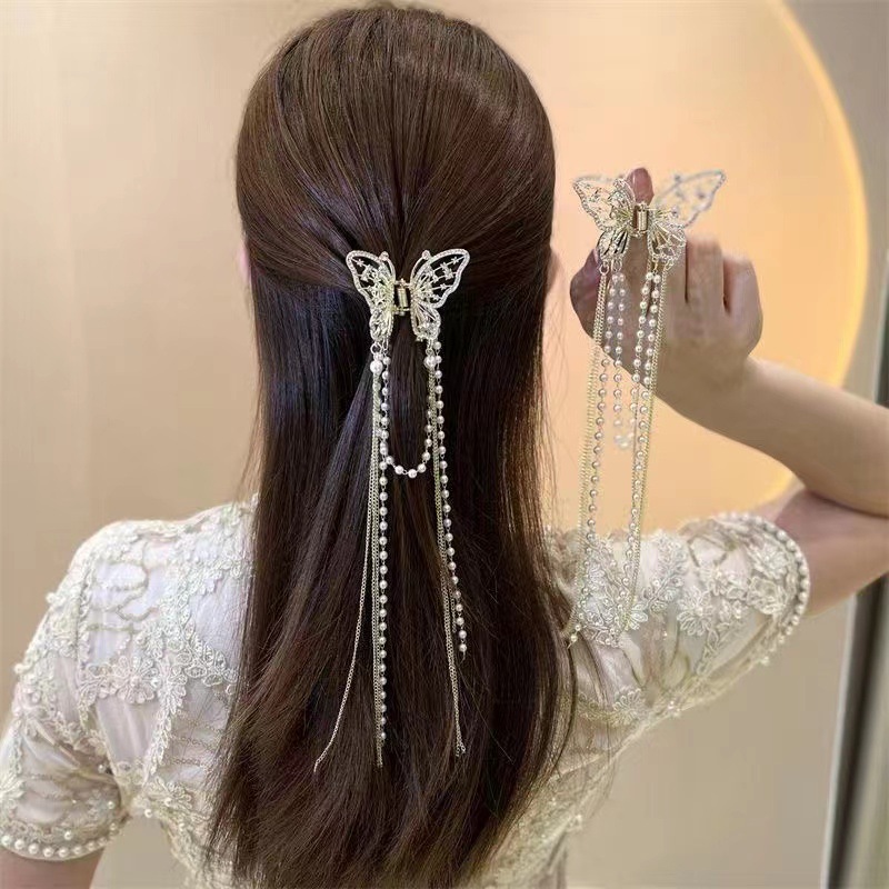 Super fairy butterfly tassel grab clip, hollowed-out pearl water diamond hair grab at the back of the head, shark clip, elegant headwear, wholesale hair accessories, headwear details Picture