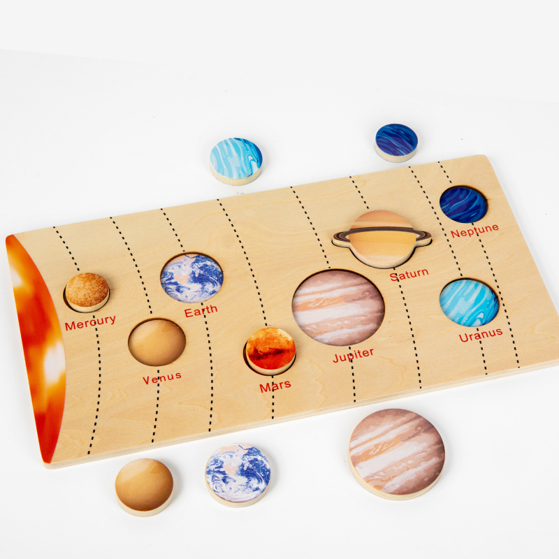 Wooden eight planets seven continents matching cognitive jigsaw Solar system planets moon phase changes early education science enlightenment toy full figure