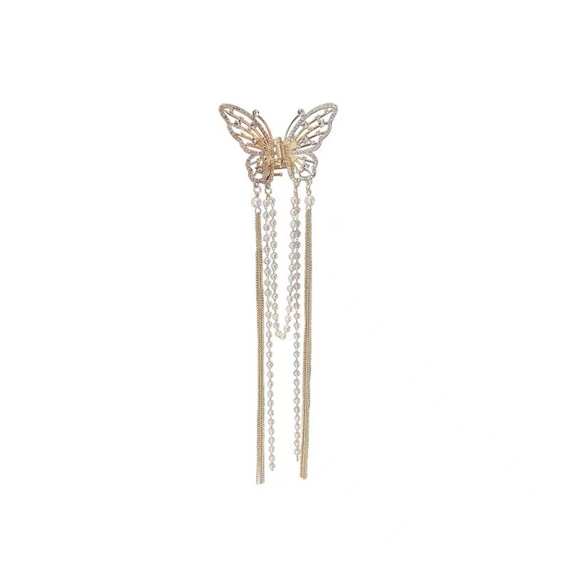 Super fairy butterfly tassel grab clip, hollowed-out pearl water diamond hair grab at the back of the head, shark clip, elegant headwear, wholesale hair accessories, headwear Item Picture