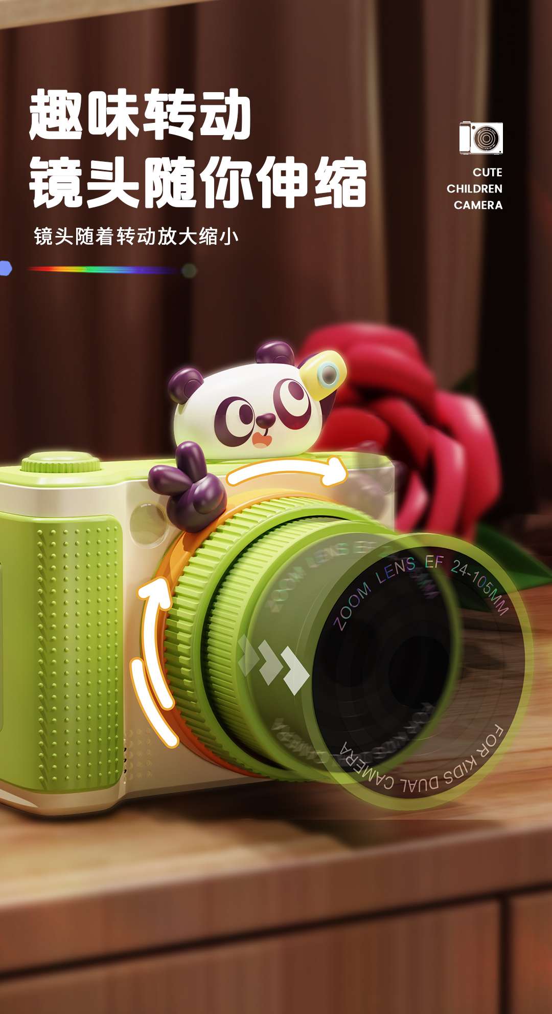 The children's camera can rotate, zoom, flip the screen, take high-definition selfies, and features cute cartoon toys like pandas and unicorns detail image 13