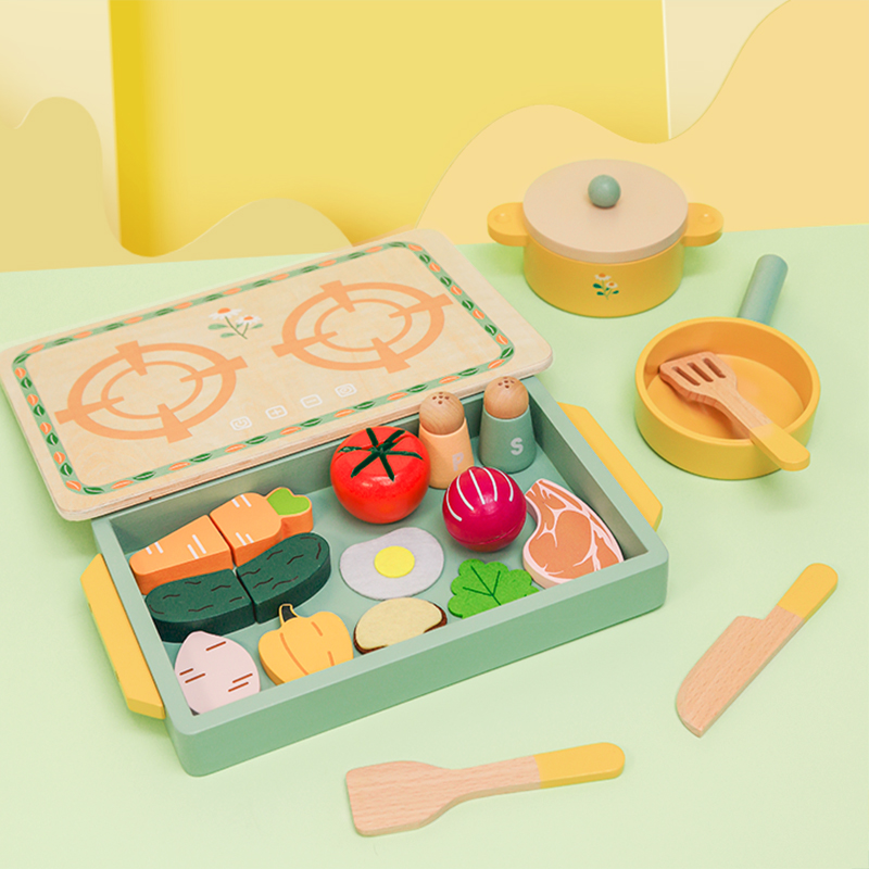 Wooden simulation of every home mini kitchen cooktop pot cutting set portable kitchen Cooking stove toy small Daisy flat kitchen full figure