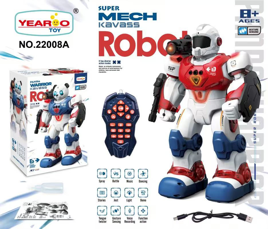 The remote-controlled robot, equipped with lights and music, can rotate and walk 360 degrees