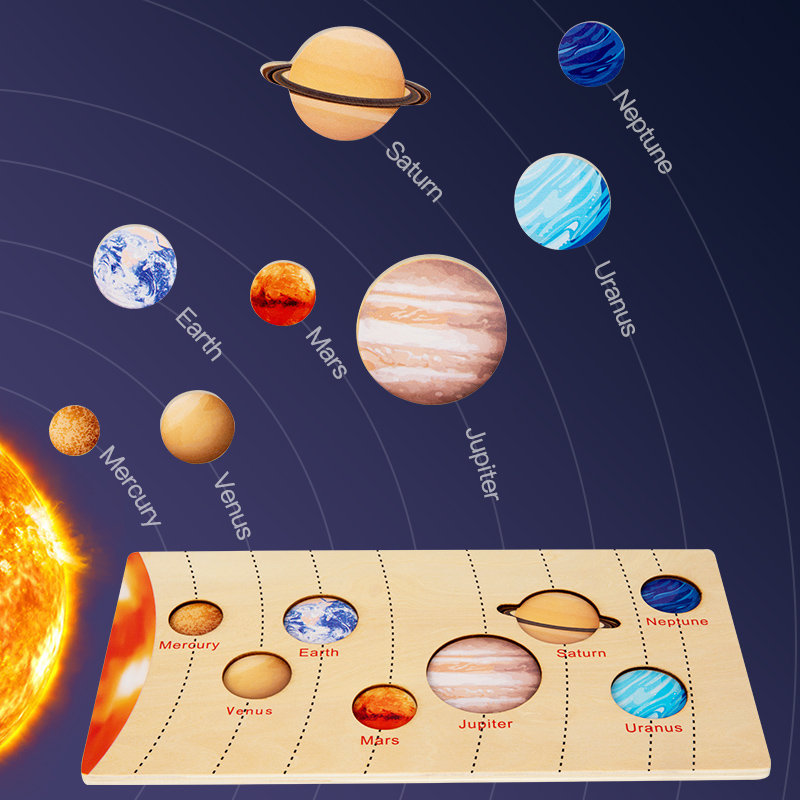 Wooden eight planets seven continents matching cognitive jigsaw Solar system planets moon phase changes early education science enlightenment toy details Picture