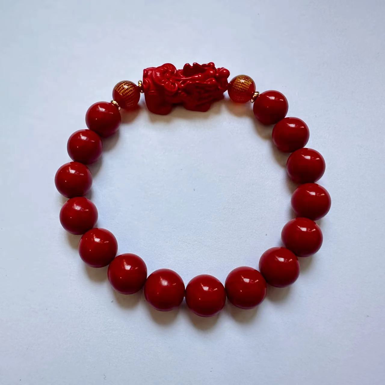 Fude Xuan cinnabar Bracelet wholesale, cinnabar Buddhist prayer beads bracelet for men and women, temple connection items, 10mm red cinnabar round bead carved PI Xiu bracelet, single-loop bracelet, live-streaming bestseller, in stock, night market, street stall, scenic area Item Picture