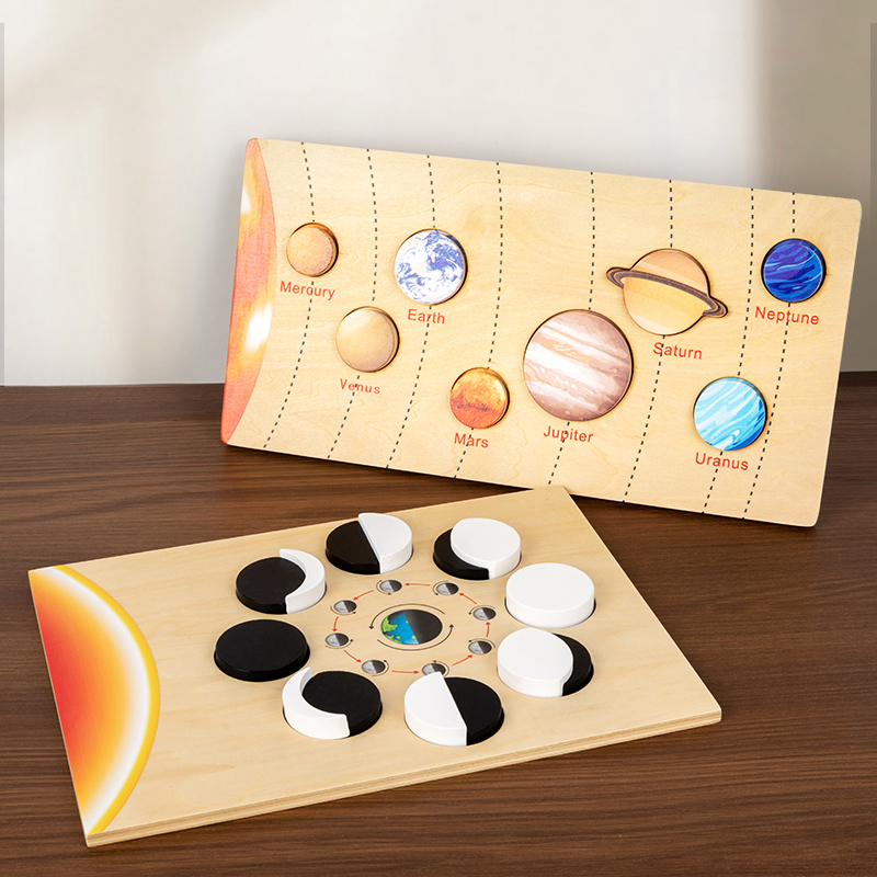 Wooden eight planets seven continents matching cognitive jigsaw Solar system planets moon phase changes early education science enlightenment toy Application Scenario