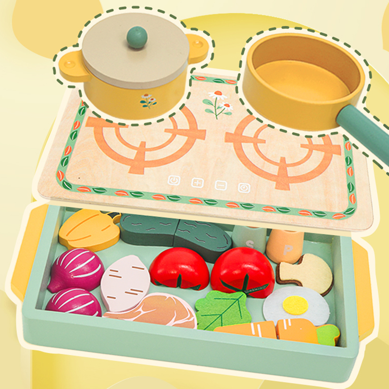 Wooden simulation of every home mini kitchen cooktop pot cutting set portable kitchen Cooking stove toy small Daisy flat kitchen Specification drawing