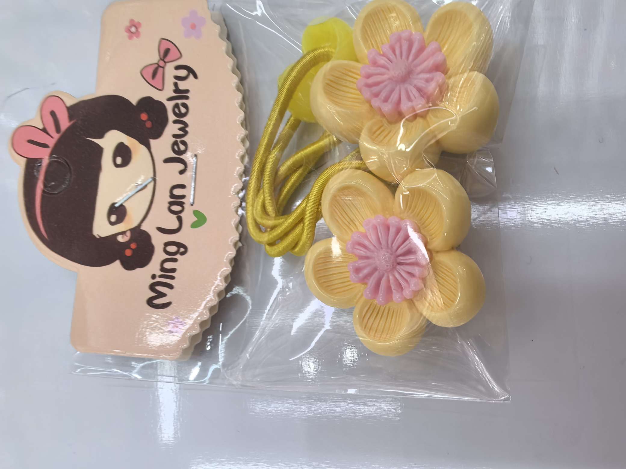 最近流行款中号树脂花朵花蕊很大戴着条纹花皮筋3007茗兰饰品详情图2