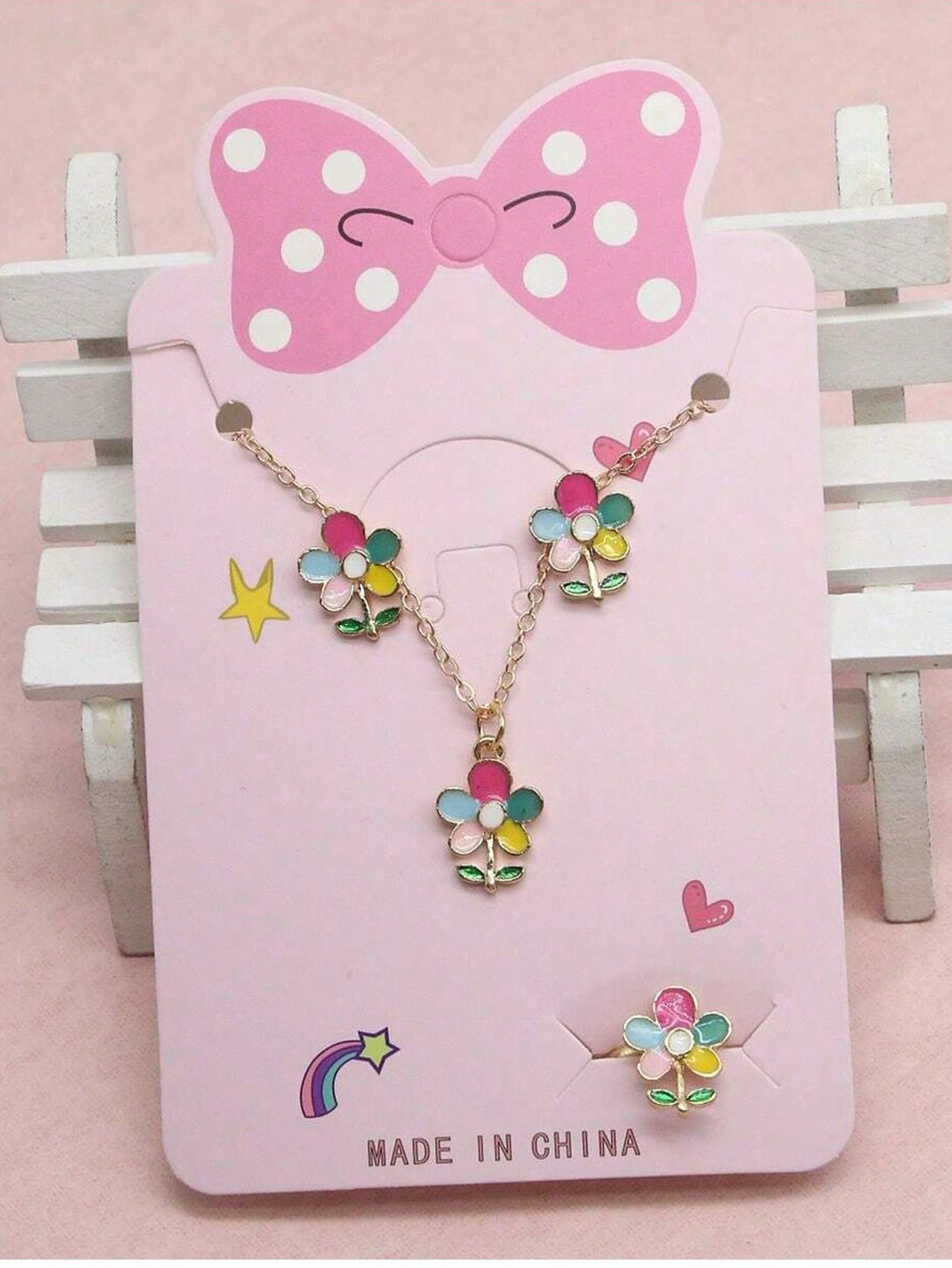 4件套可爱卡通吊坠链条项链耳钉戒指套装合金滴油儿童首饰套装细节图