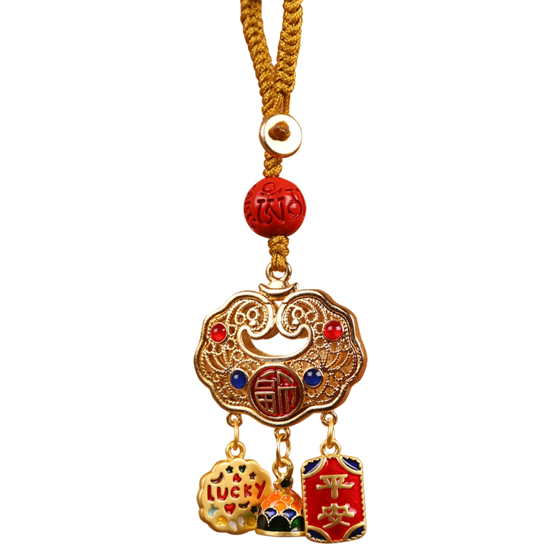 Brass sand gold enamel peace lock, Ruyi lock, peace and smoothness, gold-swallowing beast, a family of three keychain pendant, hanging decoration details Picture