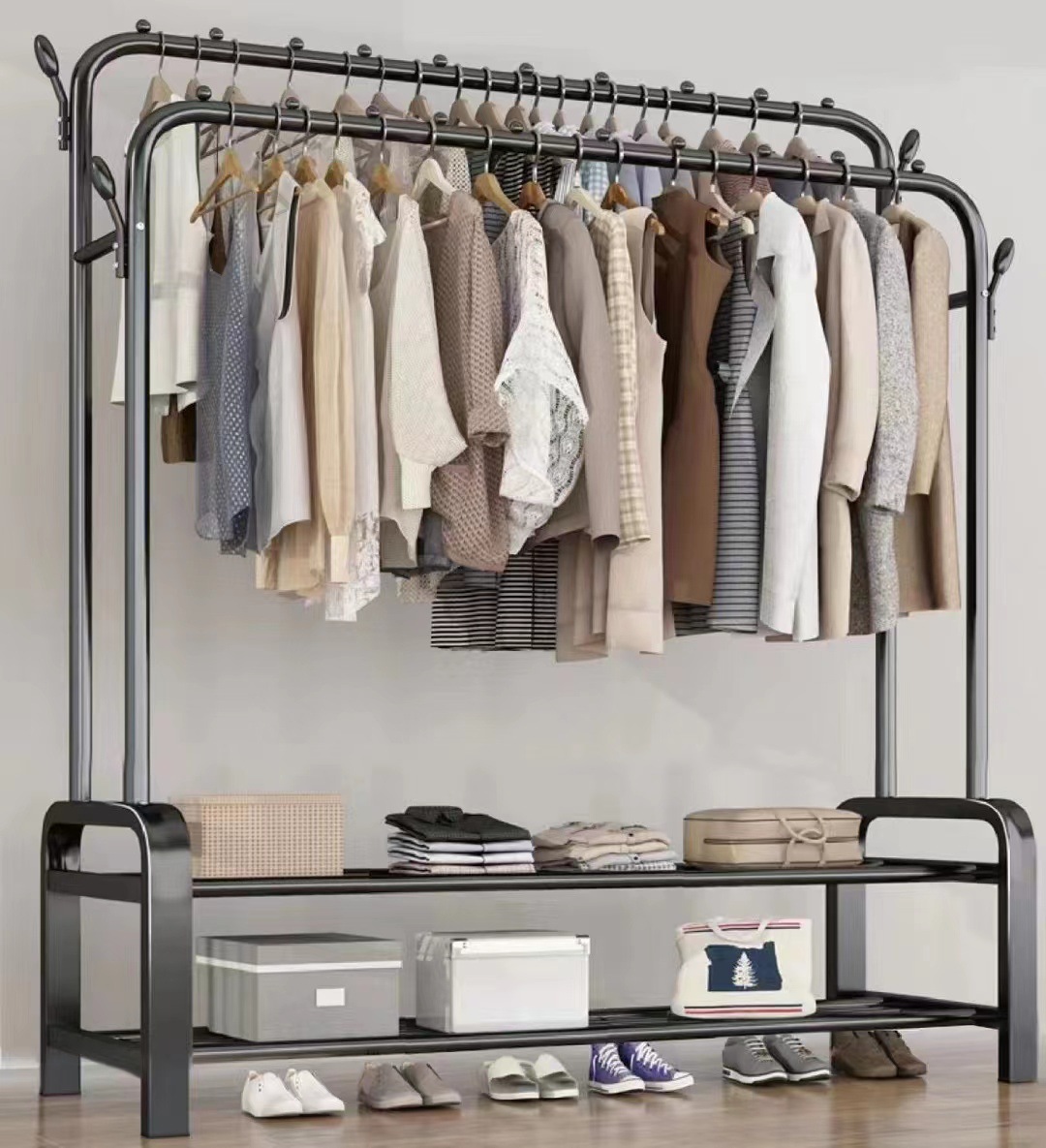 热卖跨境单杆双杆家居落地式双杆双层收纳架户外阳台晾衣架卧室简易多功能挂衣架子
