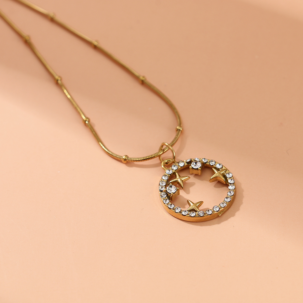 欧美跨境新款不锈钢圆形镶嵌星月水钻小众款轻奢个性女潮流项链产品图