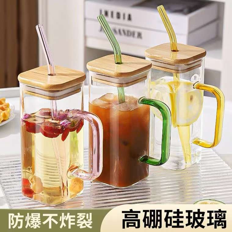 玻璃杯吸管杯方杯网红杯子 高硼硅玻璃杯带吸管 蝴蝶结杯子牛奶杯果汁杯详情图3