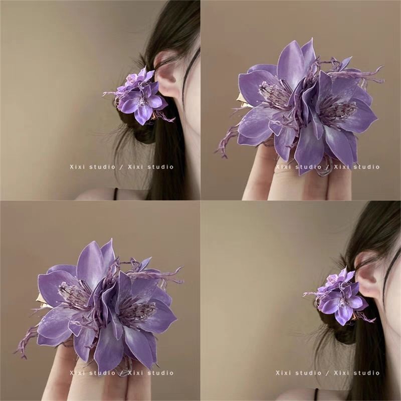 紫色花朵发夹女侧边海葵头花仿真花假花头饰度假发饰海边配饰