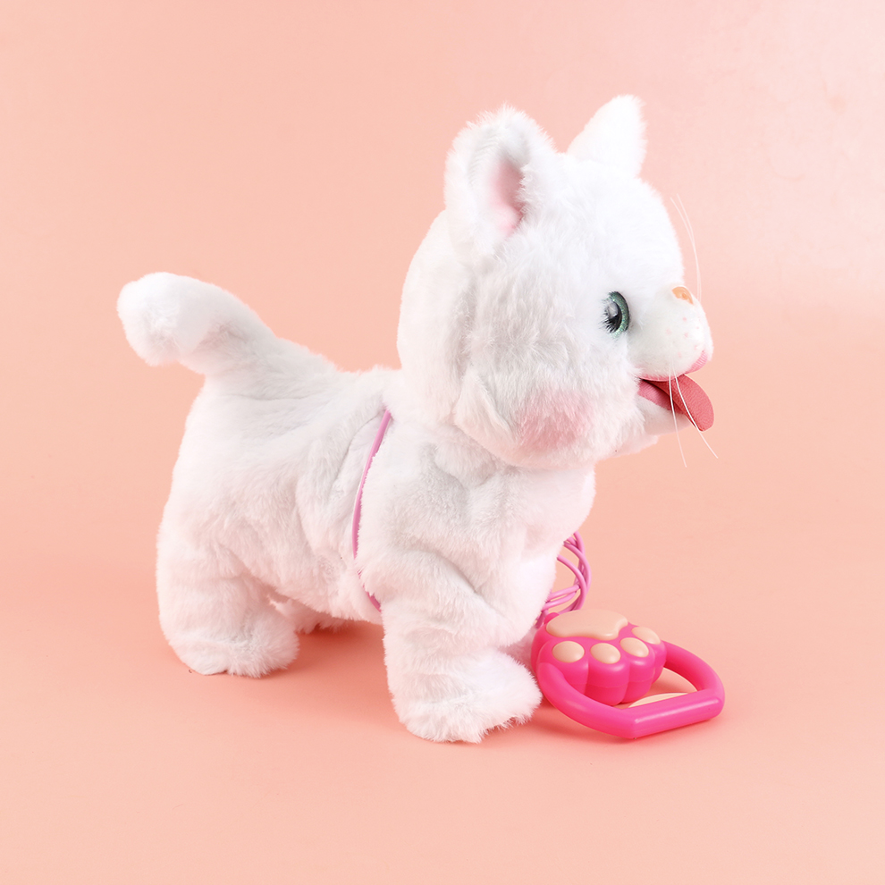 The 2025 new cute plush drawstring tongue extension electric white kitten children's simulation toy can walk, move, meow and record details Picture