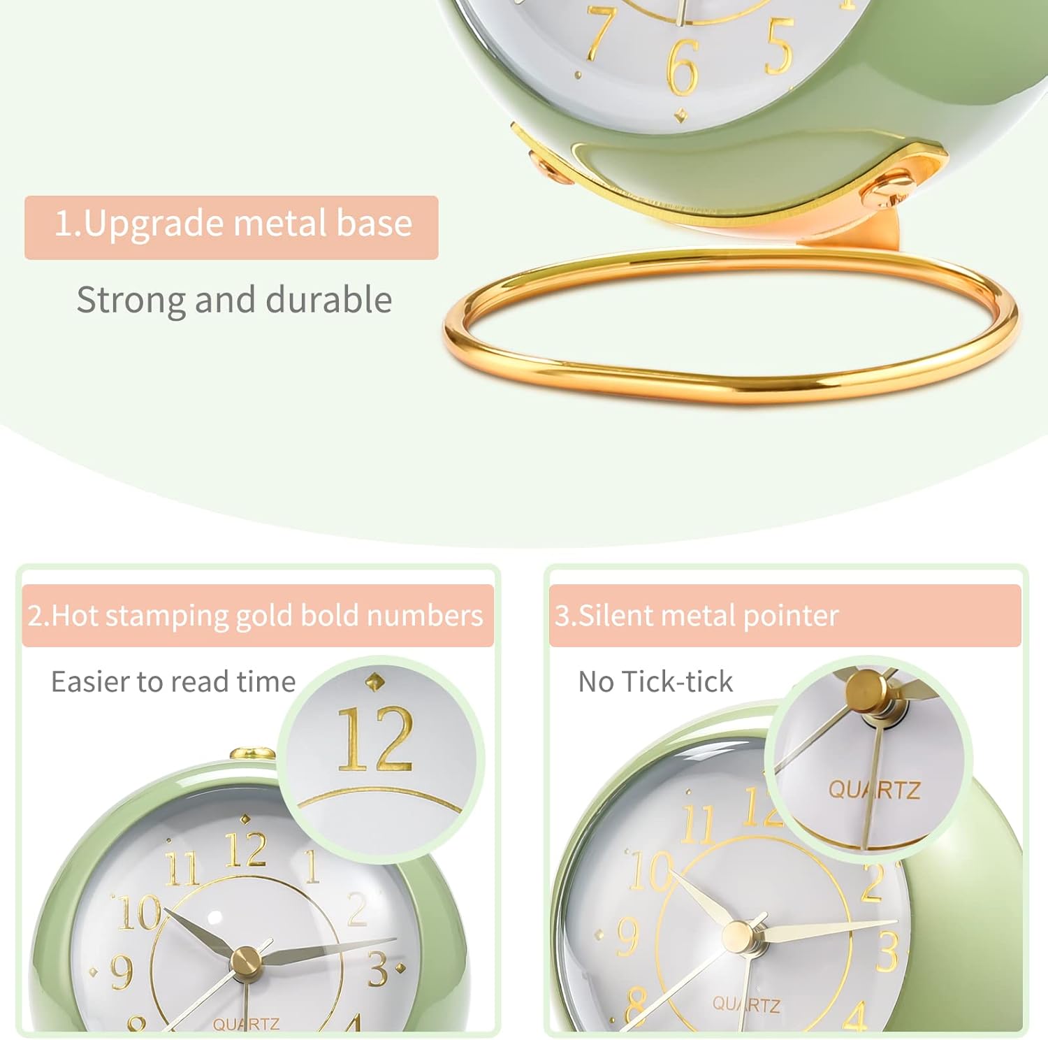 复古背光可爱简约设计小台钟带夜灯,静音无滴答声,电池供电,适合儿童、卧室、旅行、厨房、床头桌面。详情9