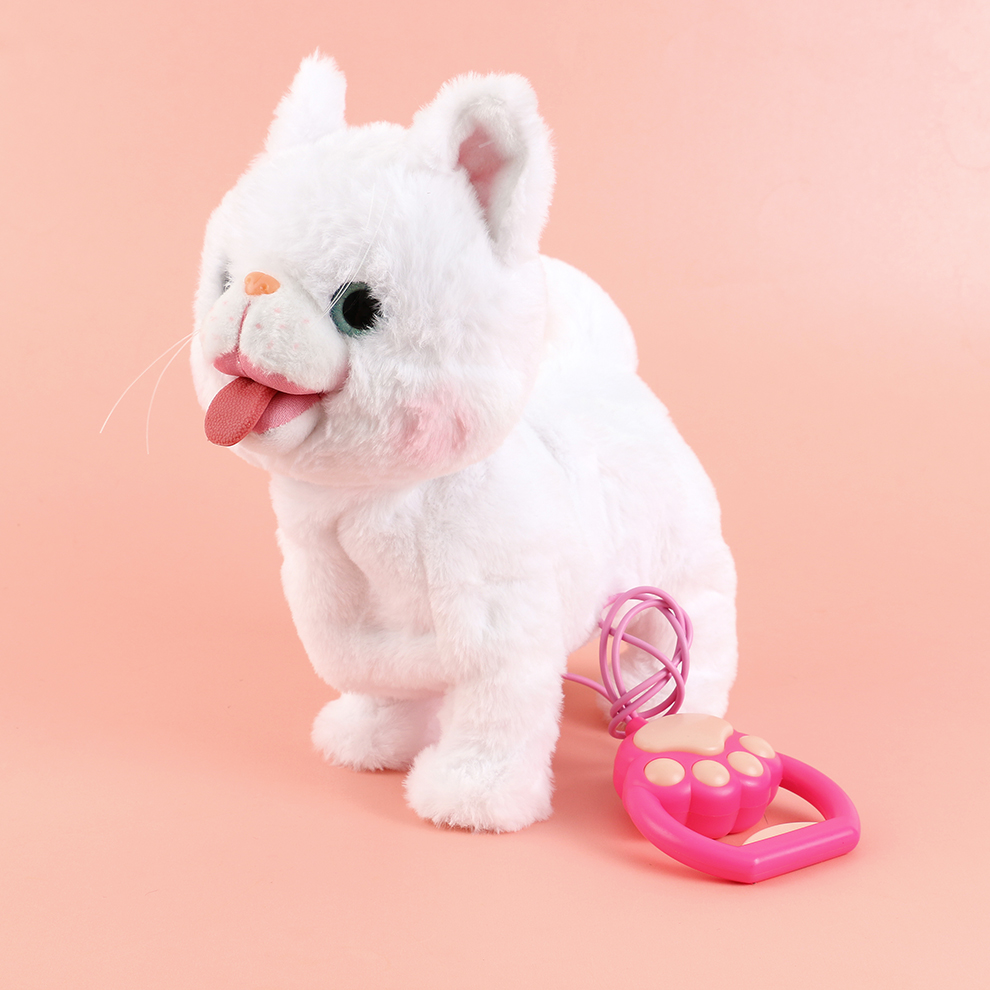 The 2025 new cute plush drawstring tongue extension electric white kitten children's simulation toy can walk, move, meow and record