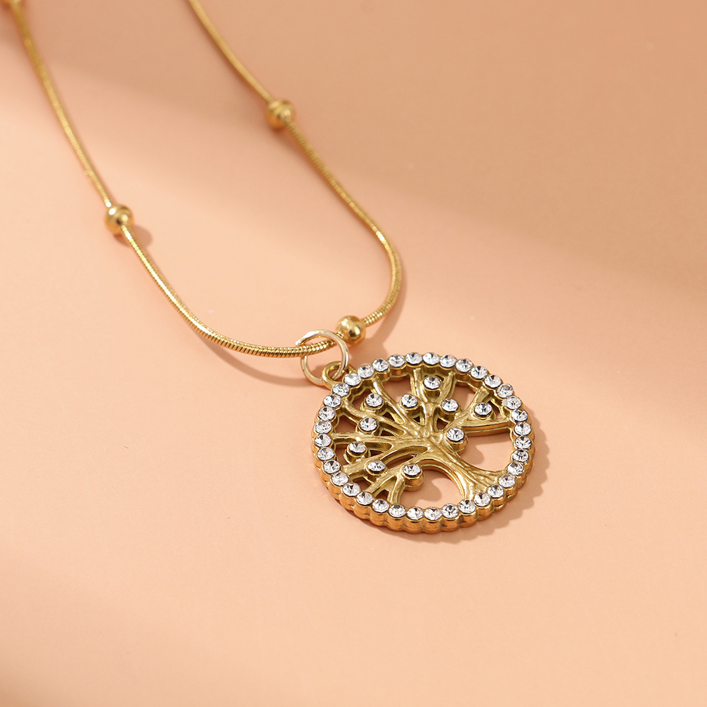 流行圆形镂空生命树吊坠项链欧美风18K镀金颈链不锈钢锁骨链产品图