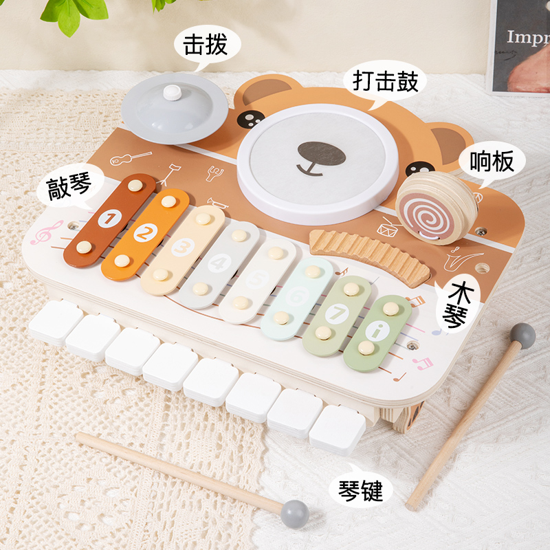 Wooden early education percussion bandstand children's percussion stand Drummer percussion drum children's musical instrument Educational toy Bear piano set drum set Olaf instrument set details Picture