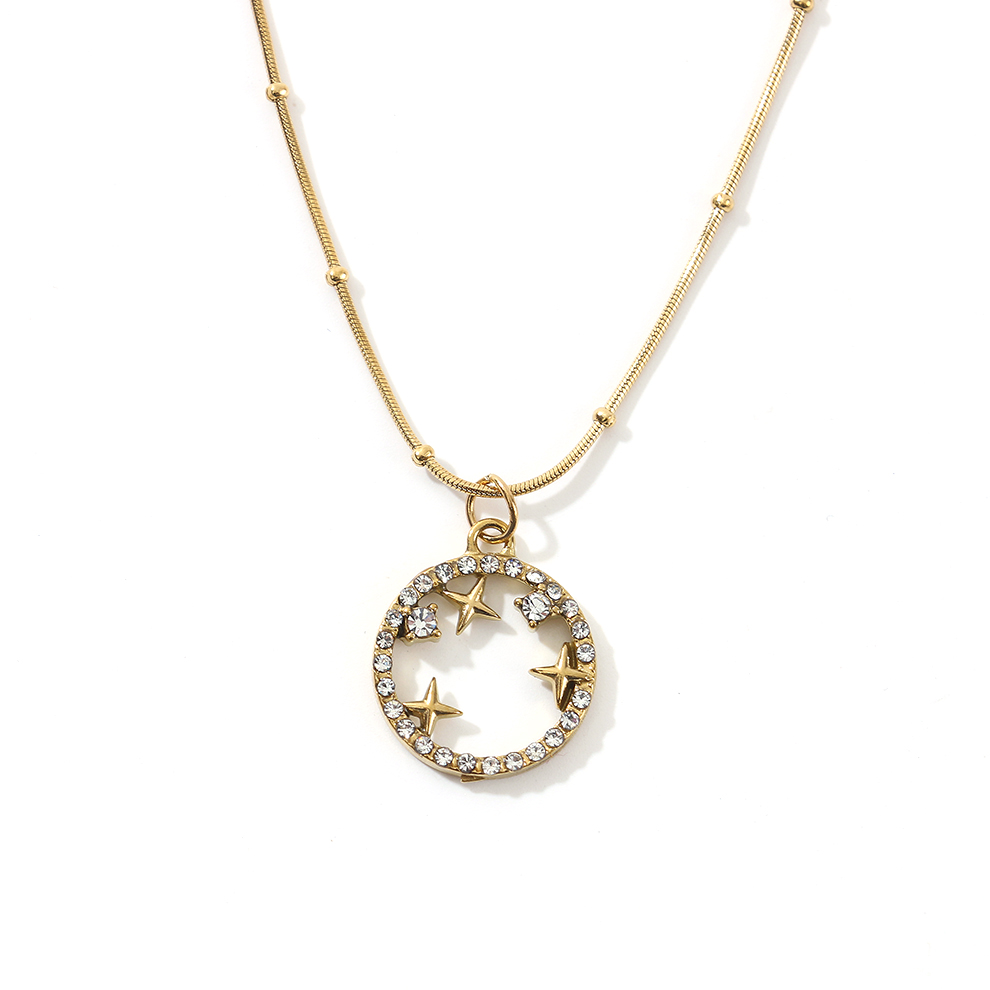 欧美跨境新款不锈钢圆形镶嵌星月水钻小众款轻奢个性女潮流项链白底实物图