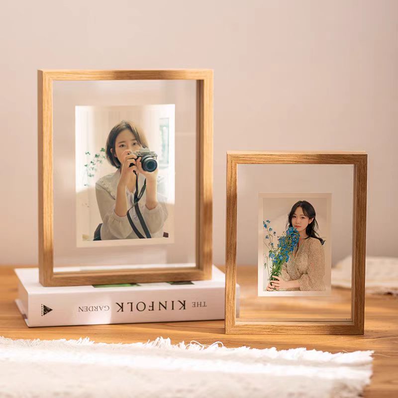 Double-sided transparent photo frame display stand, 6-inch 8-character calligraphy and painting display piece, real glass polaroid display stand, small photo frame details Picture