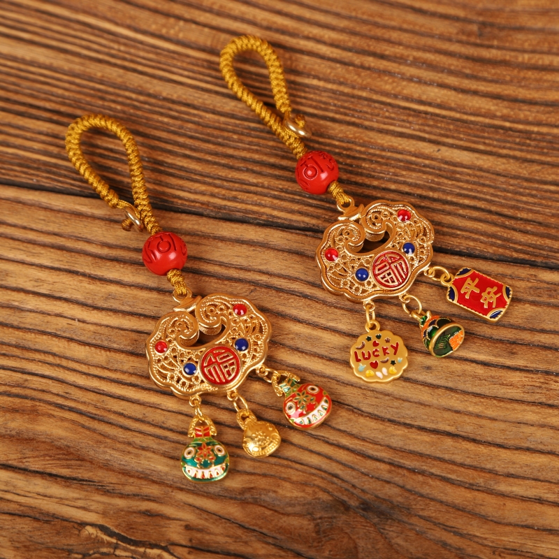 Brass sand gold enamel peace lock, Ruyi lock, peace and smoothness, gold-swallowing beast, a family of three keychain pendant, hanging decoration Item Picture