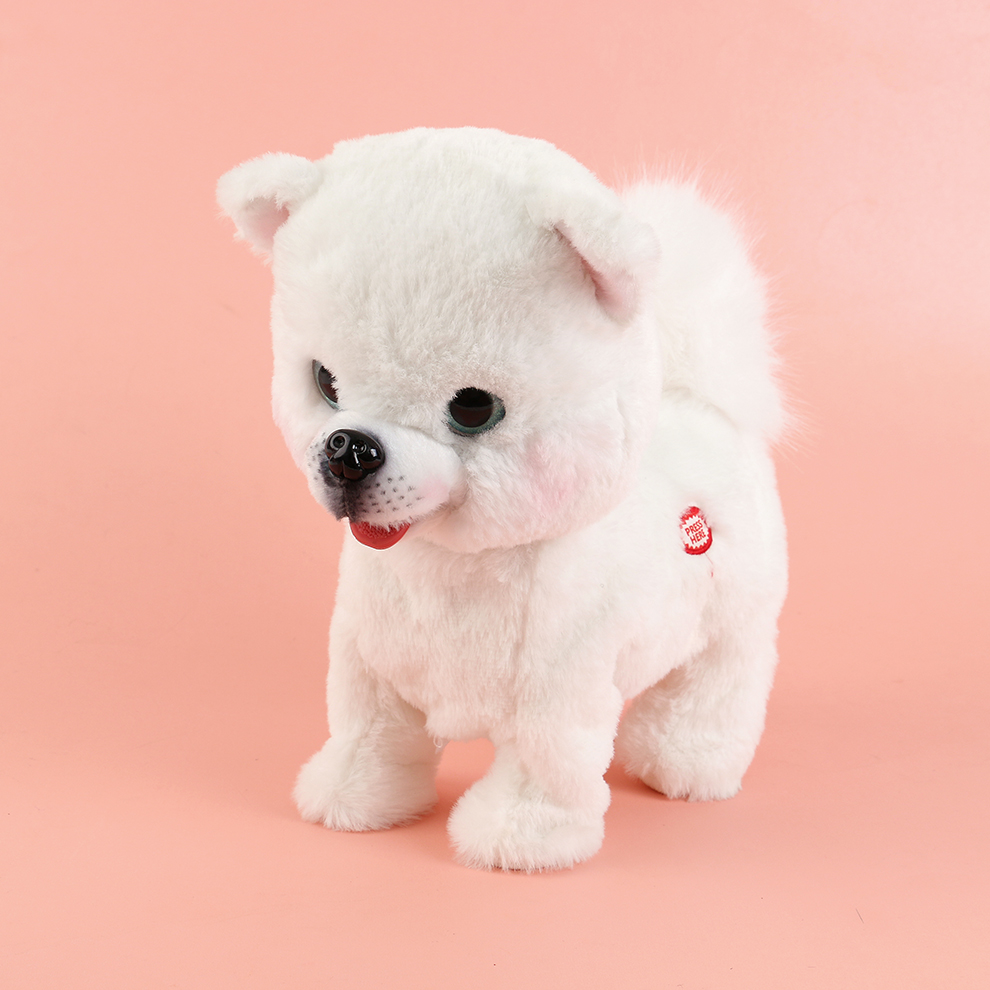 The 2025 new cute plush drawstring tongue-extending electric white Pomeranian children's simulation toy can walk, move, cry and record