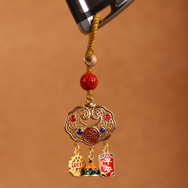 Brass sand gold enamel peace lock, Ruyi lock, peace and smoothness, gold-swallowing beast, a family of three keychain pendant, hanging decoration Application Scenario