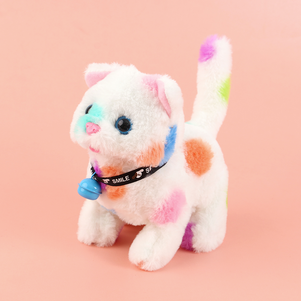 The 2025 new cute plush tongue-sticking electric polka dot cat children's simulation toy can walk, move and meow