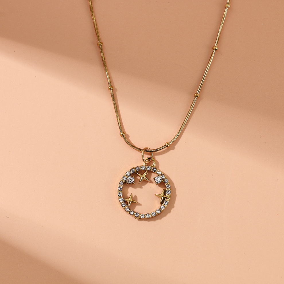 欧美跨境新款不锈钢圆形镶嵌星月水钻小众款轻奢个性女潮流项链