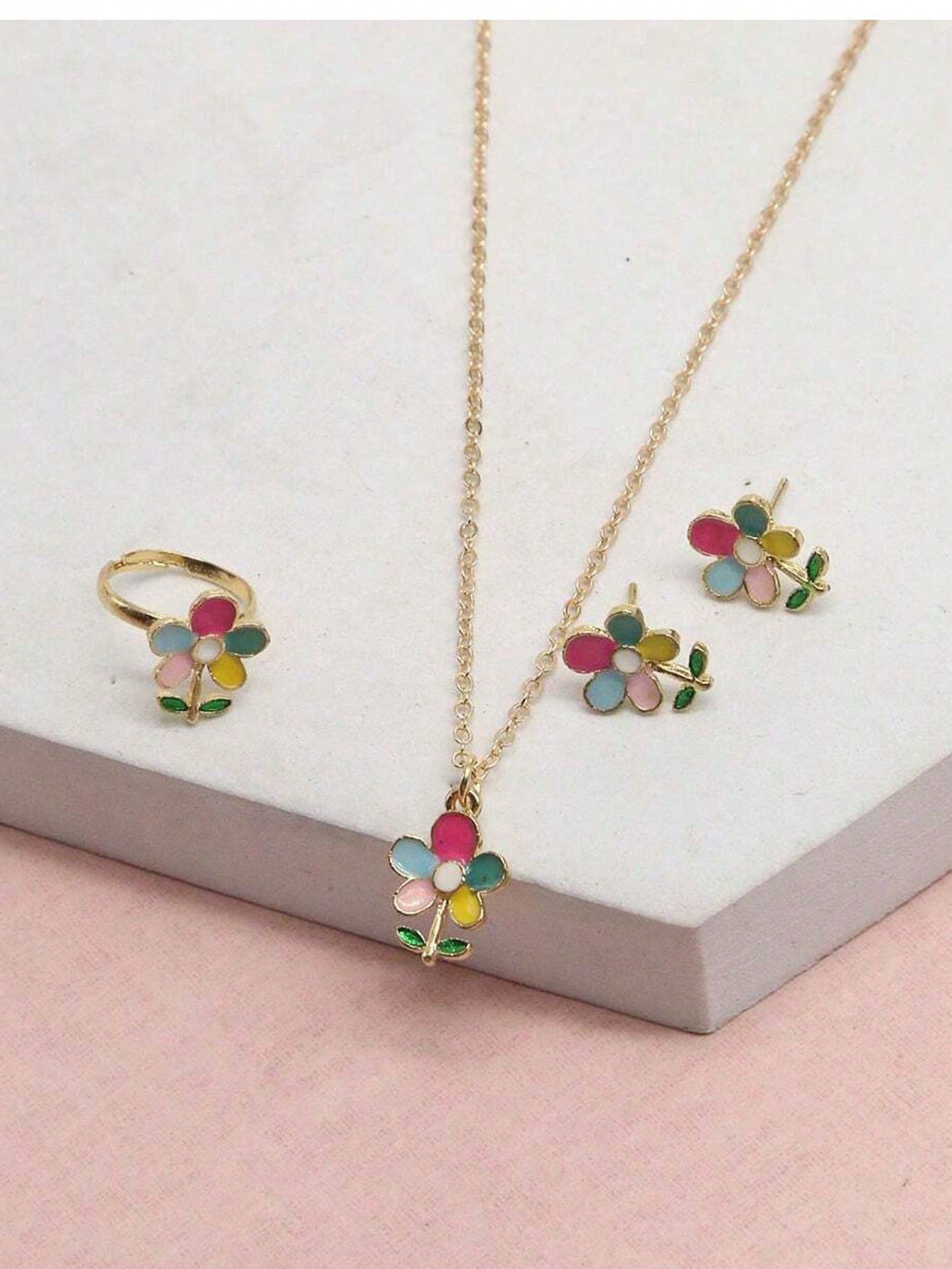 4件套可爱卡通吊坠链条项链耳钉戒指套装合金滴油儿童首饰套装产品图