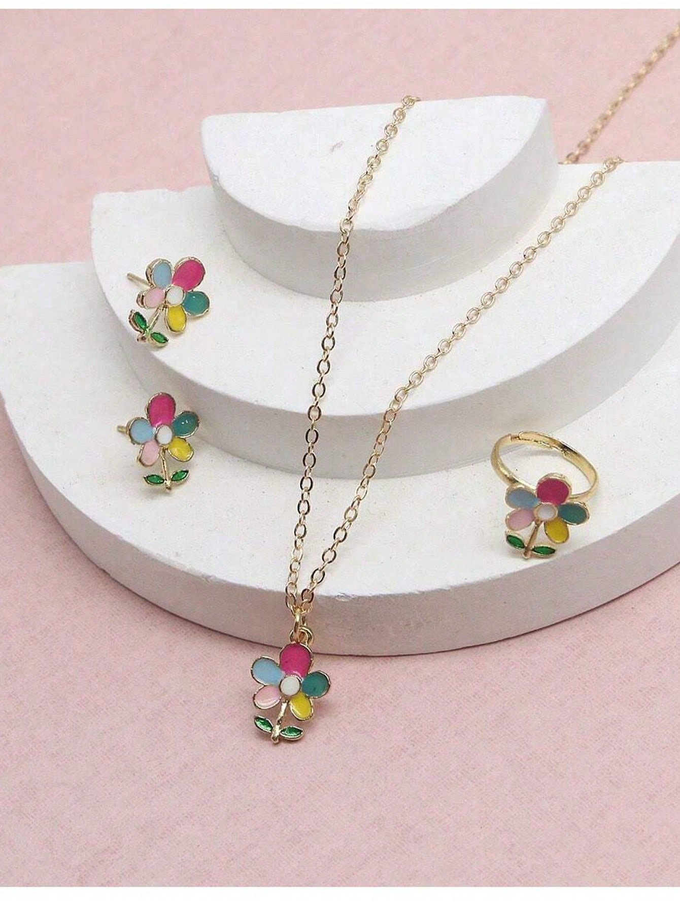 4件套可爱卡通吊坠链条项链耳钉戒指套装合金滴油儿童首饰套装