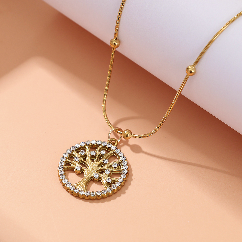 流行圆形镂空生命树吊坠项链欧美风18K镀金颈链不锈钢锁骨链细节图