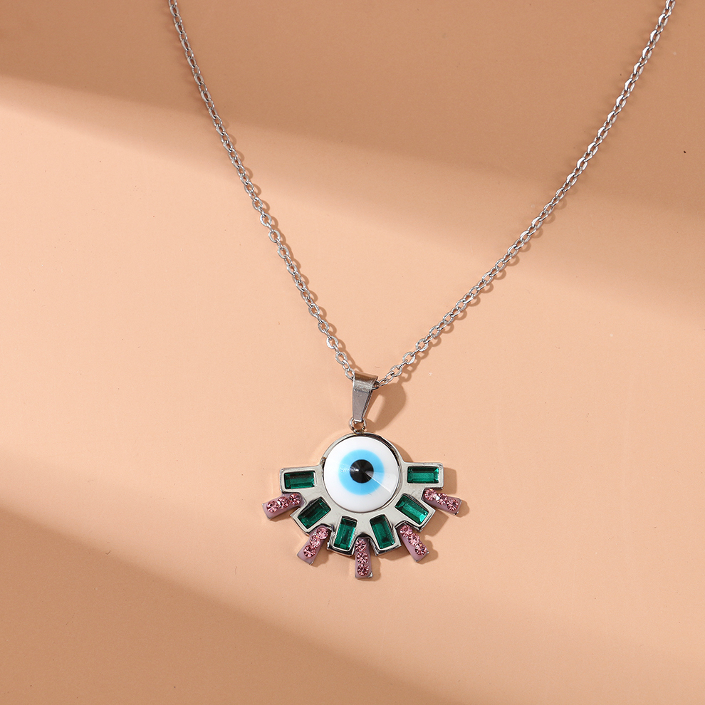 跨境时尚彩色锆石镀金欧美恶魔蓝眼睛钛钢项链细节图