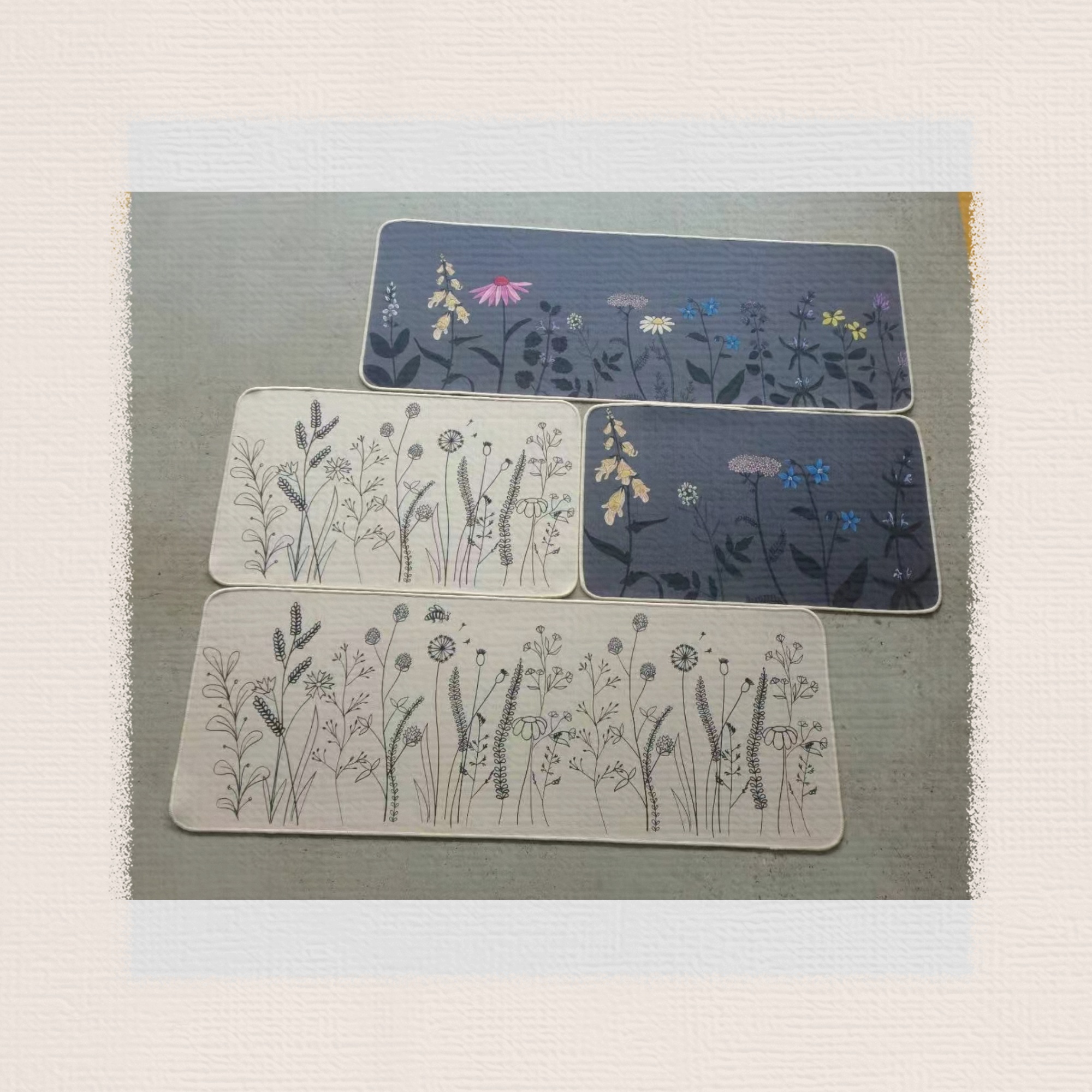 Thin fine linen printed floor mat, anti-slip mat, foot mat, door mat, bathroom mat, kitchen 2-piece set, floor mat, carpet, linen absorbent mat, good quality, multiple patterns, size 38*58+38*118CM Application Scenario