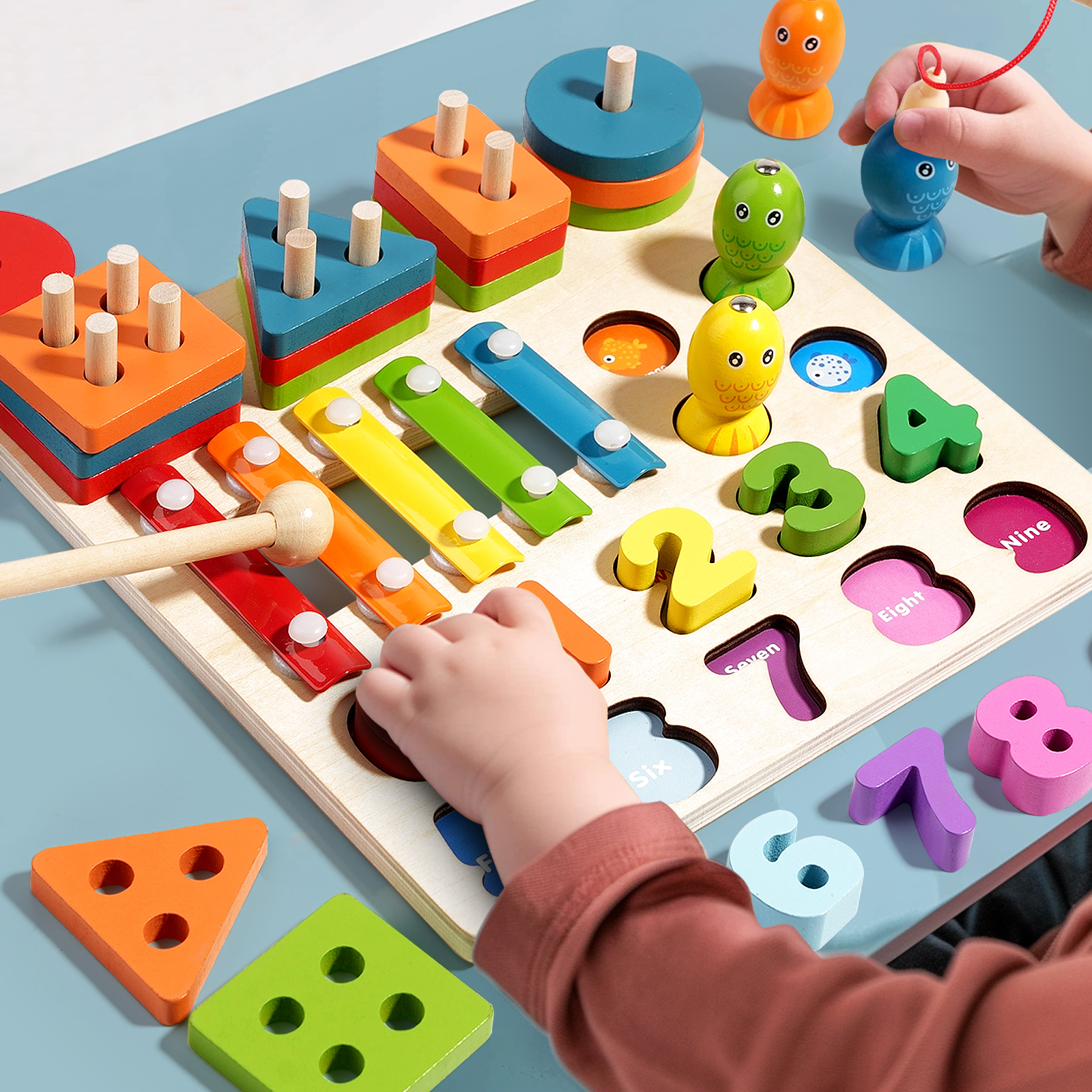 4-in-1 magnetic fishing set post percussion toys Children's education early education Geometry matching building blocks toys Digital Enlightenment cognitive children's toys educational toys details Picture
