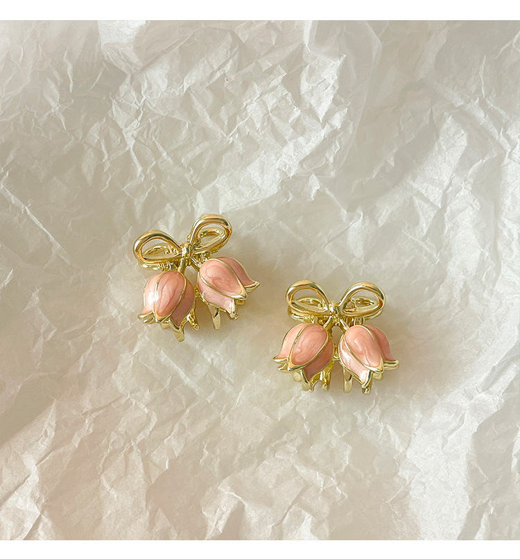 High-end pink tulip mini princess hairstyle bangs small clipper hair accessory, small female Internet celebrity 2025 new style clipper detail image 5
