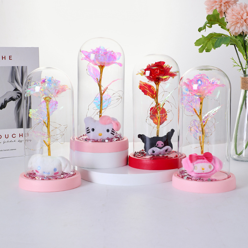 工厂直销跨境爆款七彩永生金箔玫瑰花库洛米玻璃罩小夜灯创意礼品玻璃工艺品