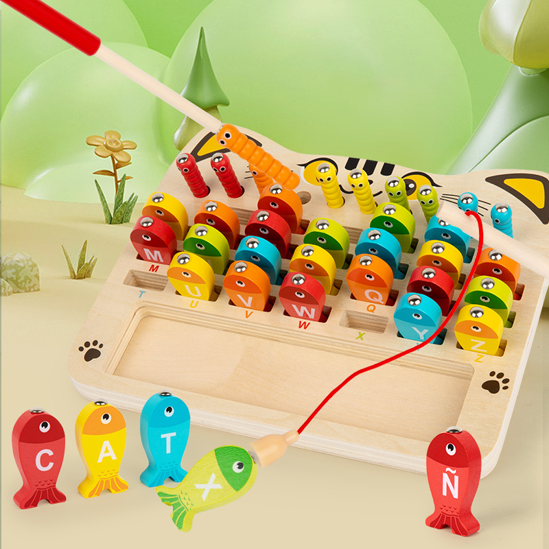 Magnetic cat fishing bug catching game Children's wooden numeric letter cognition kindergarten baby interactive toy 2-in-1 Fishing bug catching cat letter frog number two optional Specification drawing