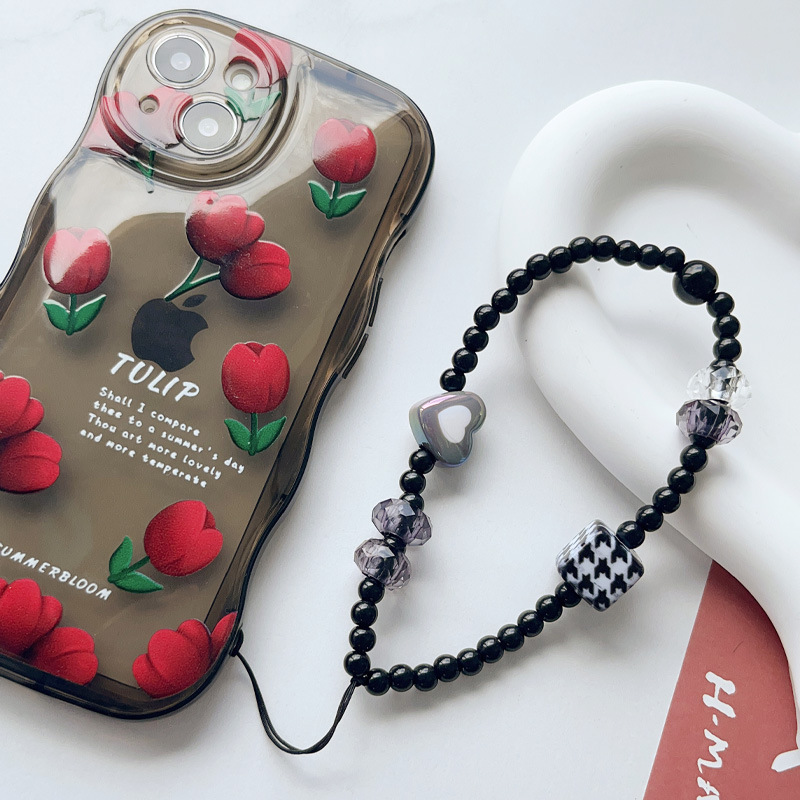 A new black sweet and cool square phone pendant with a heart-shaped thousand bird pattern and handcrafted beaded anti-drop and anti-loss universal lanyard